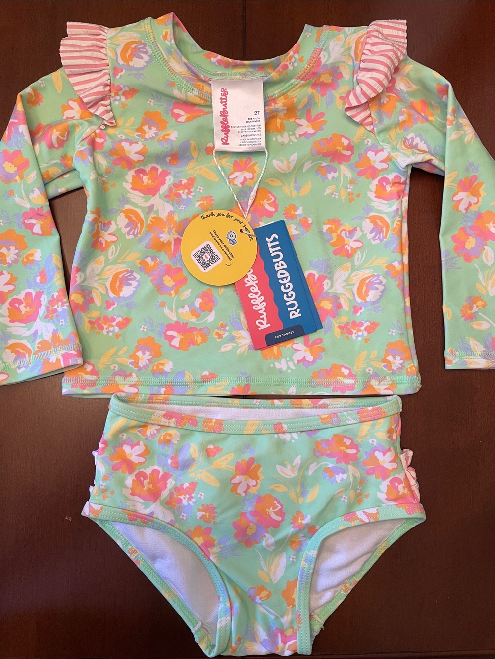 Ruffle Butts Mint Floral Long-Sleeve Bikini Set with Pink and Coral Ruffles